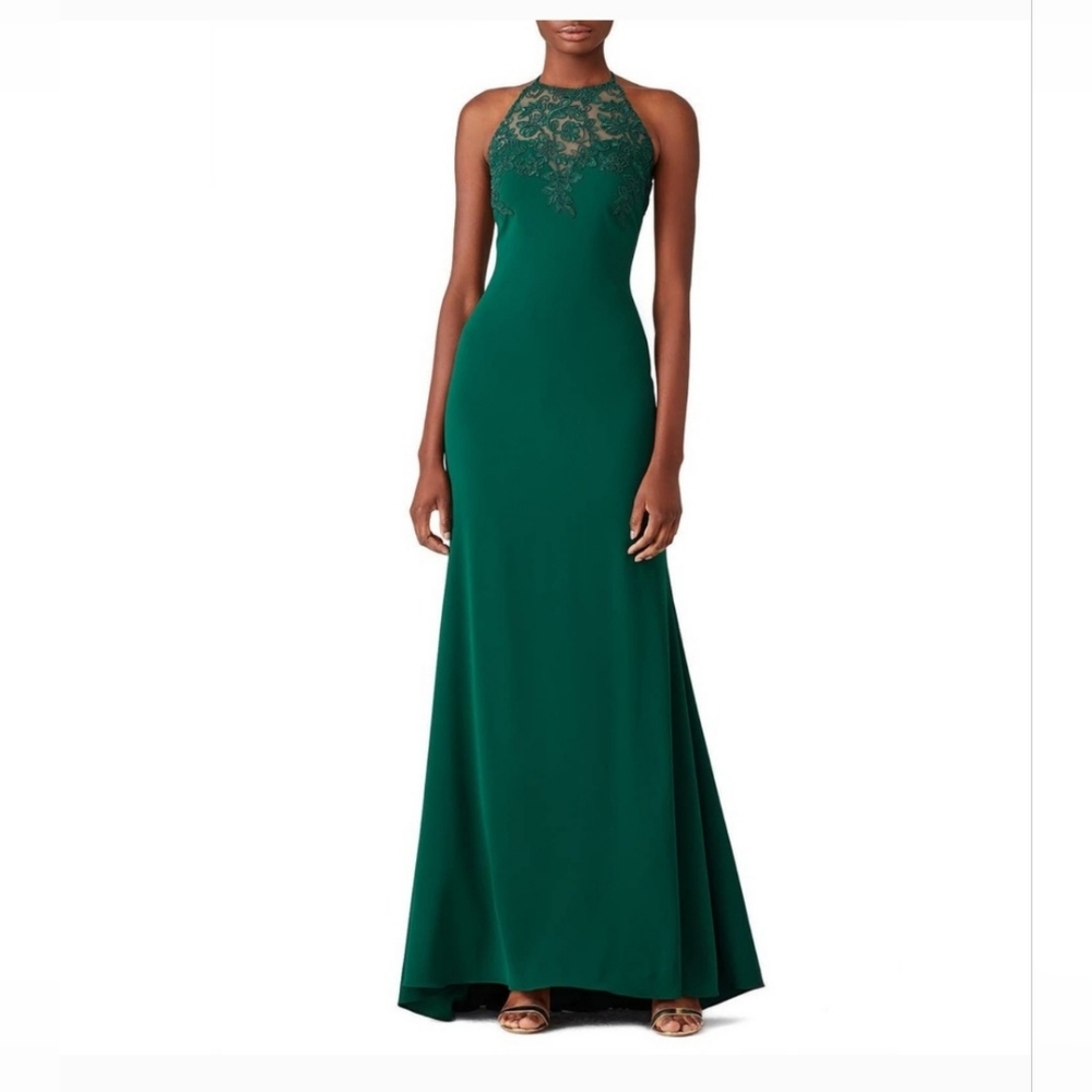 Badgley Mischka Tyler Gown Emerald Lace Hi Neck Maxi Dress Green  14